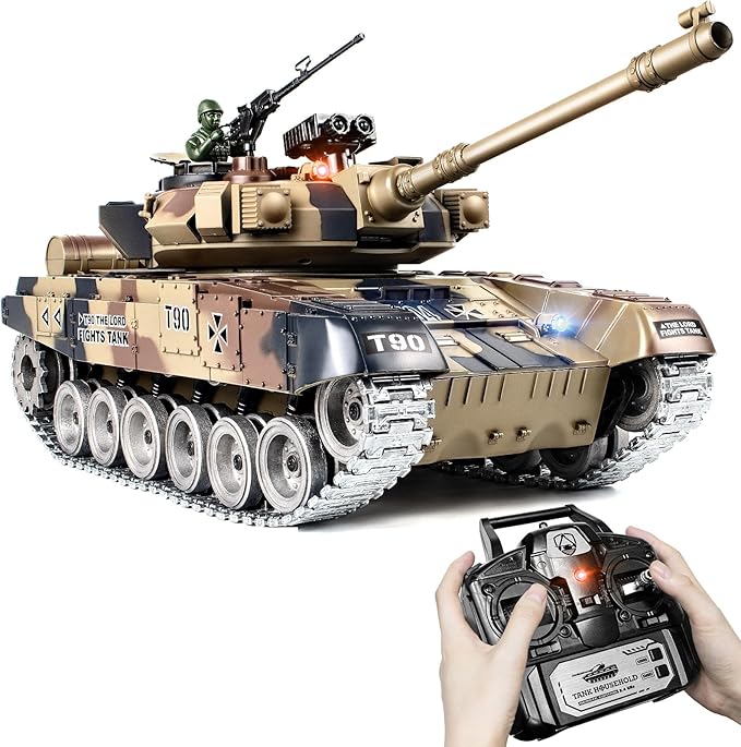 RC Tank 1:18 Russian T-90 Metal Tracks Remote Control Model Tank Toys 2.4Ghz Army Toys with Smoke Sound and Light RC Military Vehicle that Shoots BBS for Adults and Kids