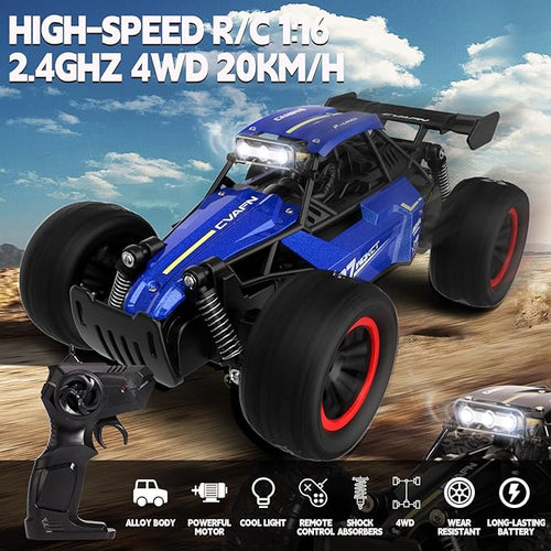 1/16 Scale Remote Control Monster Truck 20 + km/h Outdoor 2WD Off Road Hobby RC Truck With LED light &amp rechargeable battery All Terrain Fast RC Car Toy Ideal Gift for Kids Boys &amp Girls Age