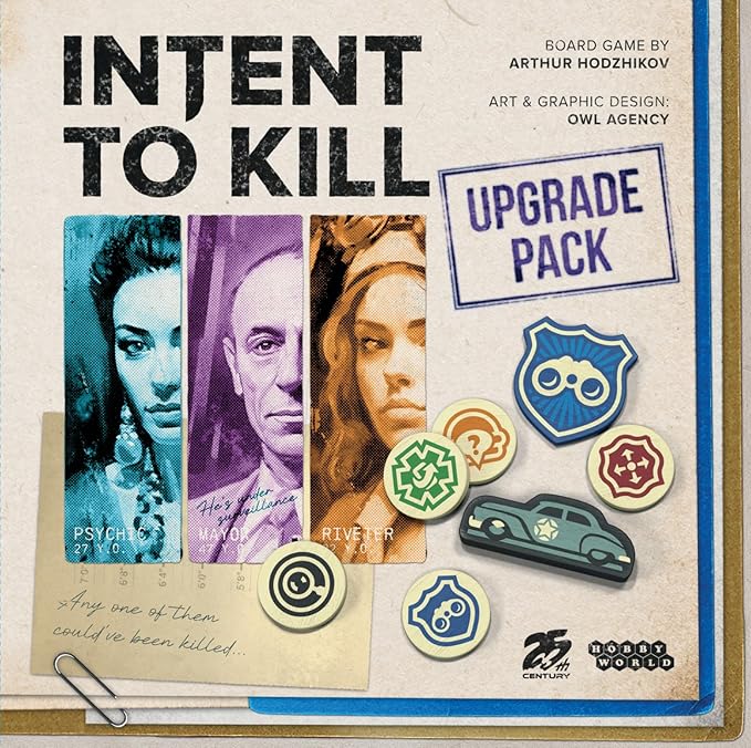 Intent to Kill Deluxe Upgrade by 25th Century Games | Ages 14+ | 2-4 Players | Two New Scenarios | Wooden Upgrade Components | an Evidence Token Bag and Player Screens