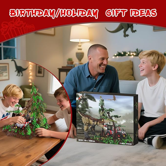 Dinosaur Park World Building Toys Jurassic Dinosaurs Building Blocks Set T Rex Chase Scene STEM Educational Birthday Gifts for Adult and Kids Boys Age 8-12 (1555 PCS)