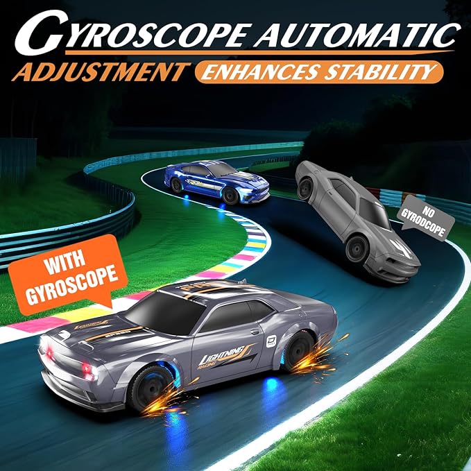 Mini RC Drift Car 1/43 2.4GHz RC Drift Cars with Gyro 4WD Full Proporitonal High Speed Remote Control Car with LED Lights and Drifting Tires Hobby Racing Cars for Adults Kids Boys Sliver