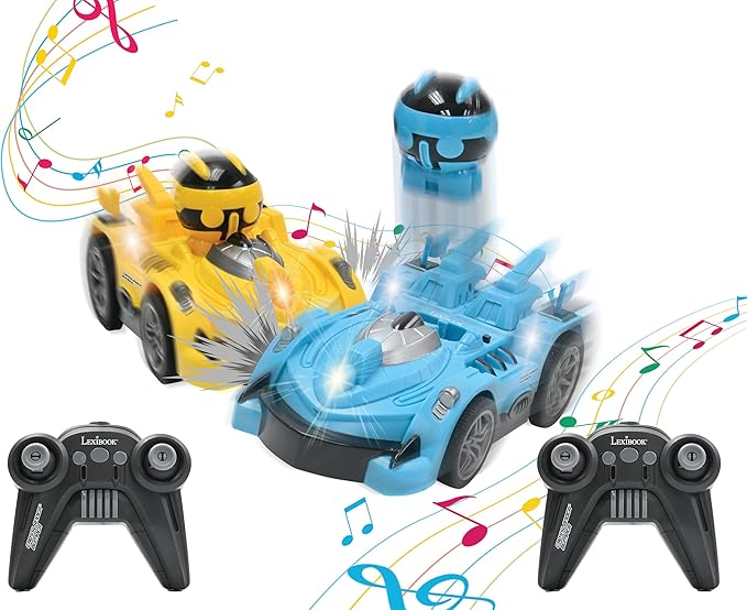 LEXiBOOK Crosslander® RC Bumper Set of 2 Radio-Controlled Racer Bumper Cars up to 12 km/h (7mph) 2 Removable Characters Sound and Light Effects Yellow/Blue RC2
