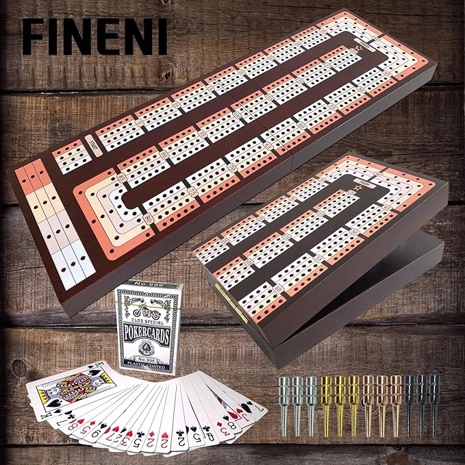 Foldable Cribbage Board Game Set Premium Wooden Foldable Board with Magnetic Lock 12 Metal Pegs Playing Cards with Travel Portable – Continuous 4 Track Board (Dark2)