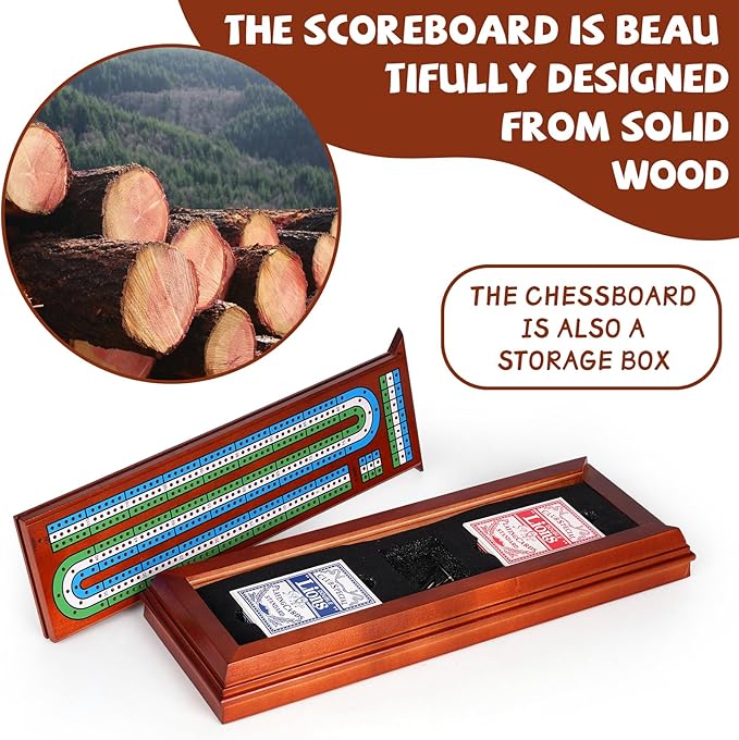 Wooden Cribbage Board Game Set with Cards and Metal Pegs 3 Track Cribbage Board with Storage Drawer Portable Travel Cribbage Set for Adults Families Seniors Camping &amp Game Night