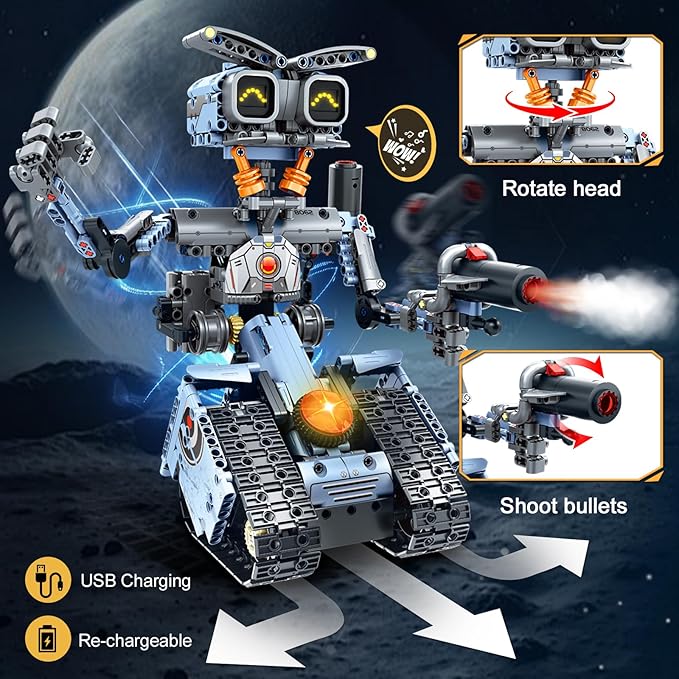 Changeable LED Eyes Robot Building Set- 5 in 1 Remote &amp App-Controlled Robotic Building Block RC Elephant/Bulldozer/Tank/Tracked Model Kit Toys Gift for Kids Boys Girls Teens Age 12+ Years Old