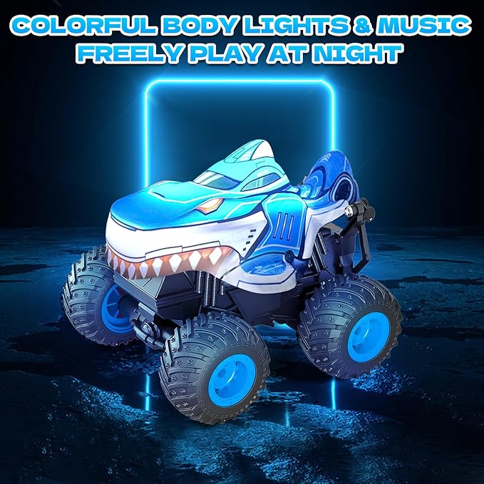 YongnKids Remote Control Car Shark Monster Trucks for Boys Age 4-7 2.4Ghz Rchargeable Rc Car with Music &amp Light360° Rotating Stunts RC Truck Toy for Kids 3-5 6 7 8-12 Birthday Easter Gift
