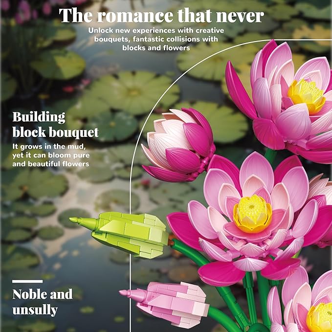 Lotus Building Set Flowers Bouquet with Vase Compatible with Lego Botanical Collection Pink for Women Adults 14 Years &amp Up Home Office Decor