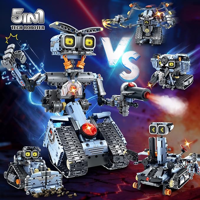 Changeable LED Eyes Robot Building Set- 5 in 1 Remote &amp App-Controlled Robotic Building Block RC Elephant/Bulldozer/Tank/Tracked Model Kit Toys Gift for Kids Boys Girls Teens Age 12+ Years Old