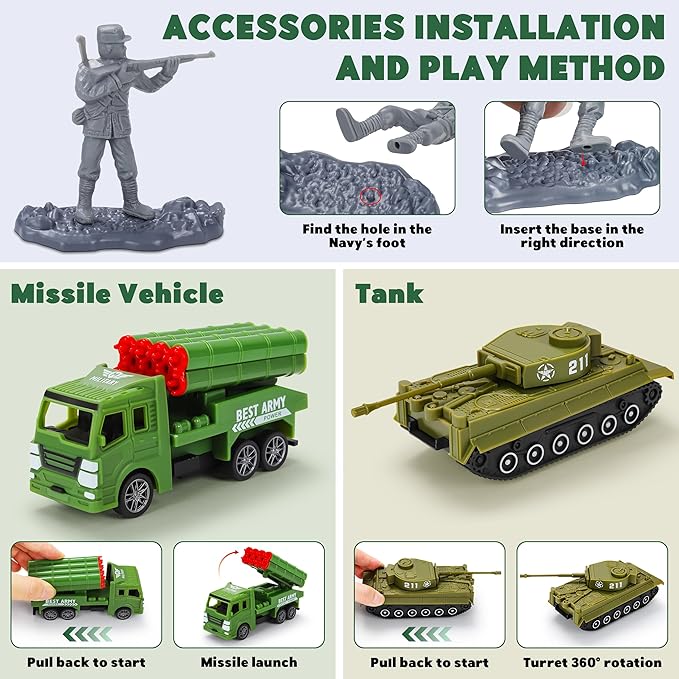 Army Men Playset – 117 Pcs Military Toy Soldiers Set with Action Figures Battle Mat Tanks Helicopter Submarine &amp Weapon Gear – Army Toys for Boys Ages 4-12 Great Gift for Kids