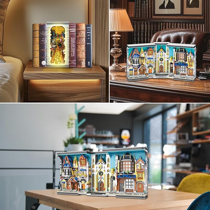 Reobrix Medieval Architecture Book Nook Building Set with Lights European Century Street View Bookshelf Insert Decor Bookshelf Diorama Building Blocks Kit DIY Miniature House Model Kit
