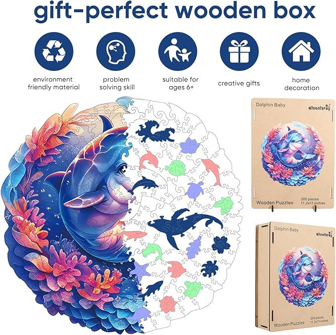 Qiuenisray Wooden Puzzles for Adults Dolphin Baby Jigsaw Puzzles 200 Pieces FSC Certified Unique Ocean Adult Puzzles Wood Puzzles Creative Gift for Family Game 11.2x11.2 in