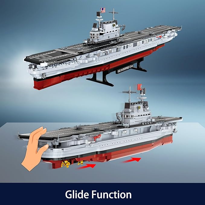 USS Enterprise Aircraft Battleship Building Toys Set (1883Pcs) WW2 Navy Ship Model with Molded Airplanes and Display Stand 30 Long Military Building Block Toy for Teens and Adults
