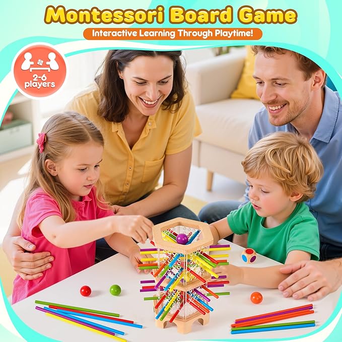 Montessori Wooden Board Game 42 Colorful Sticks Dice Games for Kids 3 4 5 6 Years Math Learning Toys Fine Motor Skills &amp Counting Educational Toy Family Travel Game Birthday Gifts for Boys Girl