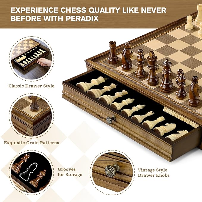 Peradix Magnetic Chess Checkers Board Sets with 2 Built-in Storage Drawers15 Classic 2 in 1 Wooden Games with 2 Extra Queens for Kids and AdultsTravel Portable Chess Game Set