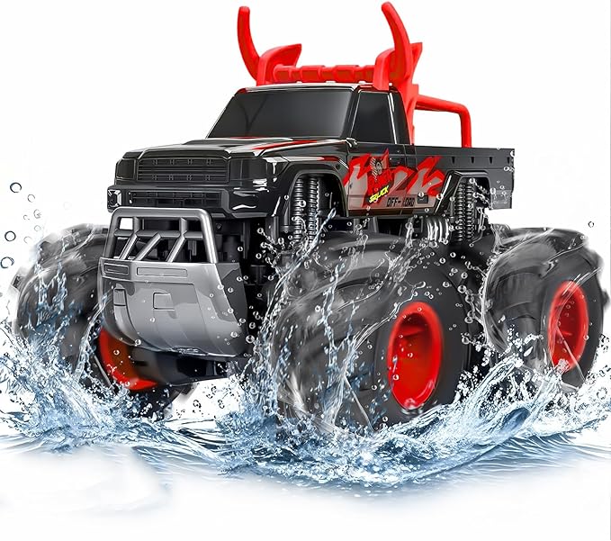 1:16 Waterproof Monster Truck Toys RC Cars 2.4GHz Remote Control Truck for Kids Boy Ages 89101112 Years Old 4WD All Terrain Off-Road with LED Lights RC Boat for Boy Girl Birthday Gift - Red