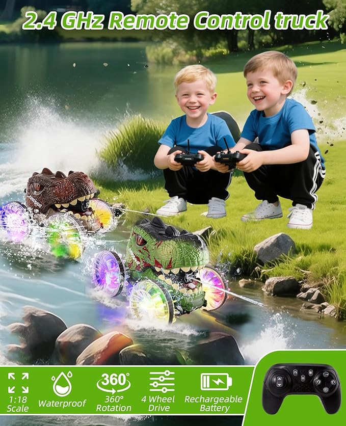 Amphibious Remote Control Monster Truck 4WD All Terrain Off-Road Dinosaur Truck with Water Gun 1:18 Scale RC Cars with Lights &amp Music 2.4 GHz Waterproof RC Dinosaur Car for Boys 4-7 Gifts