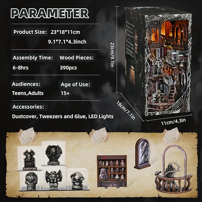 Book Nook Kit DIY Doll House Booknook Miniature Kit for Bookshelf Doll Houses for Adults Teen Halloween 3D Wooden Puzzle Bookends with Led Light and Dust Cover (Haunting Relics)