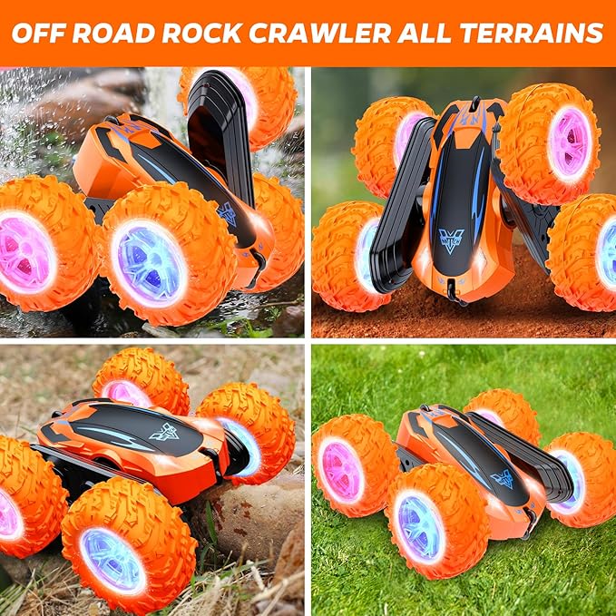 Remote Control Car 2.4GHz Electric Race Stunt Car Double Sided 360° Rolling Rotating Rotation LED Headlights RC 4WD High Speed Off Road Gift for 3 4 5 6 7 8-12 Year Old Boy Toys (Orange)