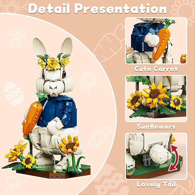 Easter Wonderland Bunny Building Blocks Set Compatible with Lego Easter Creator Cute Rabbit Toys with Carrot &amp Sunflower Display Base Creative Gift for Kids Girls Adults