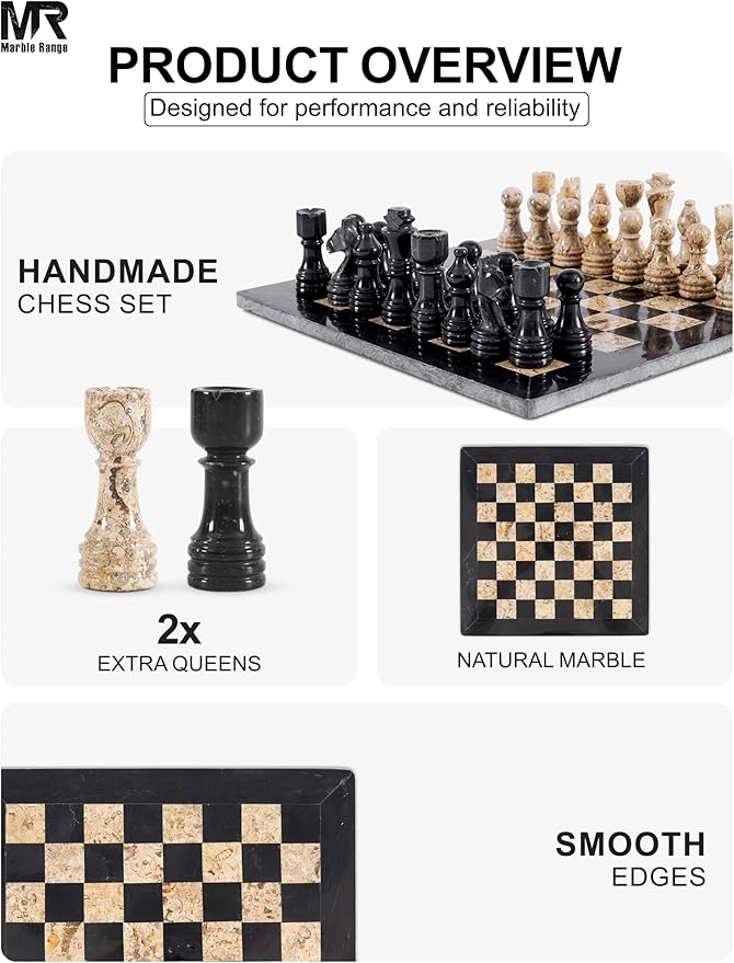 Marble Chess Set for Adults 12 Handmade Black &amp Coral Board Game with 32 Chess Pieces 2 Extra Queens &amp Storage Box Luxury Travel Game Elegant for Home Decor