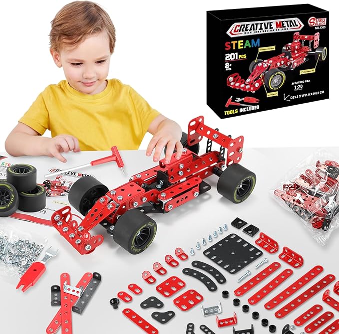 BESTYMXY Building Kit Car Model 1:20 Scale Race Car Metal Model STEM Project Building Assembly Toy Set STEM Projects Toys for Boys 8-12 Red Vehicle DIY Assembly Metal Model