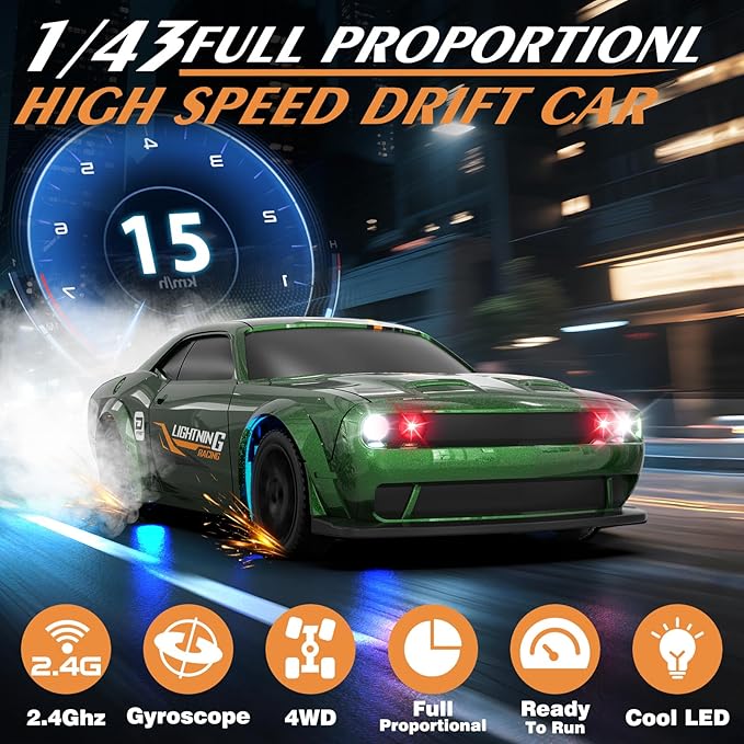 Mini RC Drift Car 1/43 2.4GHz RC Drift Cars with Gyro 4WD Full Proporitonal High Speed Remote Control Car with LED Lights and Drifting Tires Hobby Racing Cars for Adults Kids Boys Green