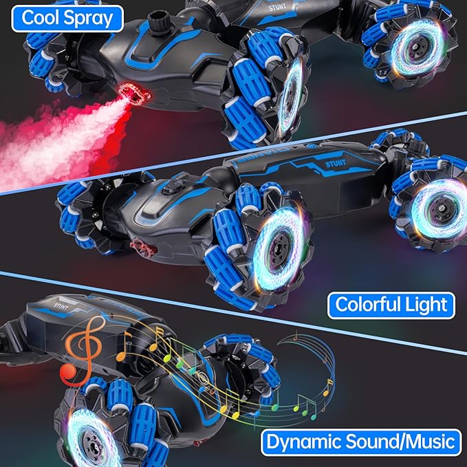 4WD Remote Control Gesture Sensor Car Double-Sided Rotating 360° Flips Drift with Lights Music RC Stunt Twist Car Birthday Presents for 6-12 Kids (Blue)