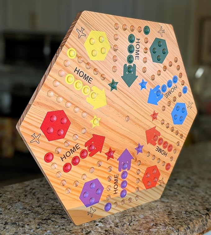 Wooden Wahoo Marble Board Game (20 INCH) Double-Sided for 2-6 Players with 24 Marbles and 6 dice. Also Includes Ring Toss Wooden Hook and Ring Gameand Premium Playing Cards.