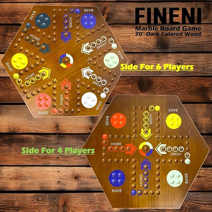 Wooden Board Games Marble Board Game Original with Dual Sides Fast Track Board Game for 2 to 6 Players Double Side Marble Game 6 Colors 30 Marbles Set and 6 Color 6 DicePouch (20 Dark)