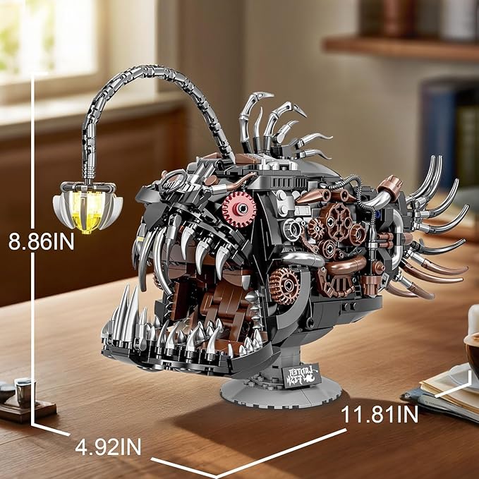 Mechanical Lantern Fish Building Sets for Adults Compatible with Lego Creative Ocean Animal Toy for Home Office Decor STEM Gift for Boys 8-14