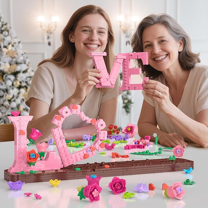 Love and Flowers Building Set for Adults 791 PCS Letter Brick Art Pink Flower Blocks for Home Décor Gift for Kids Birthday Valentine’s Day Mother's Day Confessing Love for Her or Him