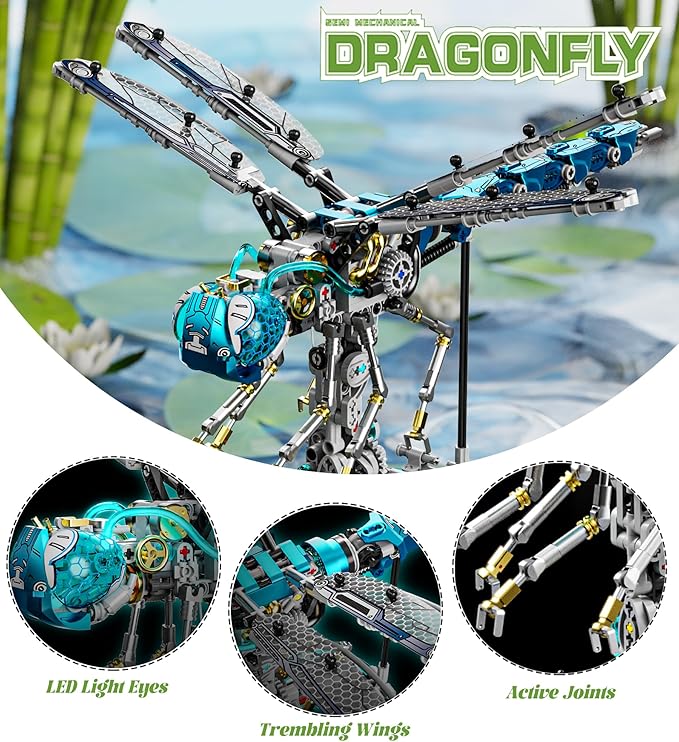 Mechanical Dragonfly Building Blocks for Adults Compatible with Lego Insect Animal World Model with Light &amp Display Stand Educational STEM Toys for Teens Home or Office Décor (866PCS)