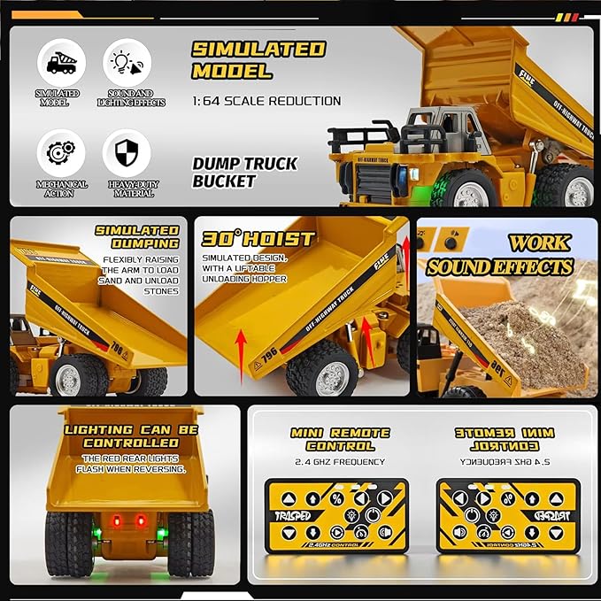 1:64 Mini RC Dump Truck Toy Alloy Metal Construction Vehicle with App &amp Remote Dual Control Variable Speed LED Lights &amp Sound RC Engineering Car Gift for Kids &amp Adults