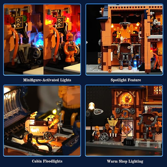 Steampunk Mechanical Workshop Lighting Building-Bricks Set 2006 Pcs The Sky-Lane Repair Shop Modular Building from Aeronauts Collection Display Set for Adults and Steampunk Lovers
