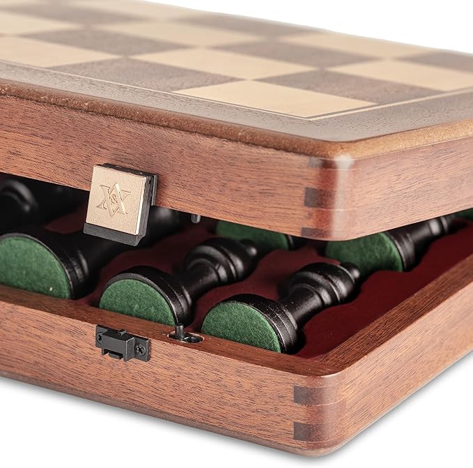 A&ampA Premium Folding Chess Set 19 Wooden Board &amp 3.75 King Height Staunton Pieces with 2 Extra Queens Portable Travel Game Set (Natural Mahogany 19 Inches)