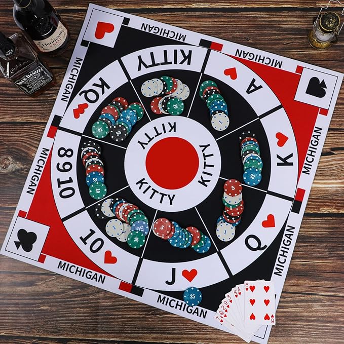 Michigan Rummy Board Game Set Tripoley Game Felt Mat Foldable Family Original Combination of Joker RummyHearts and Poker Includes 2 Decks of Cards and 200 Numbered Poker Chips
