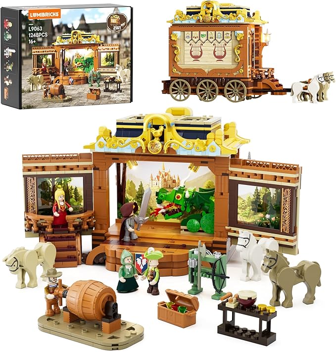 Medieval Troupe Carriage Lighting Building Bricks Set - Middle Ages City Town Playset Multi-Form Modular Collection Display Kit with Minifigures 1248 Pcs for Adults &amp Teens