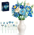 Blue Flower Bouquet Building Set Compatible with Lego Flowers for Adults Artificial Botanical Collection Kit for Valentines Day Mother's Gifts Home Room Desk Shelf Decor