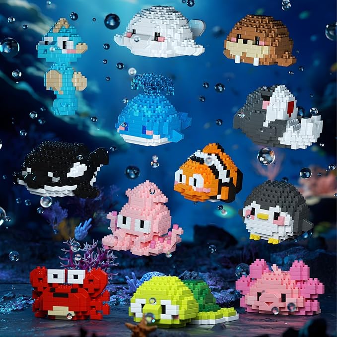 Small Toy GiftParty Favors for Kids12 Boxes Marine Animals Micro Mini Building Blocks Set Birthday Gift for Kids Ages 8-16+