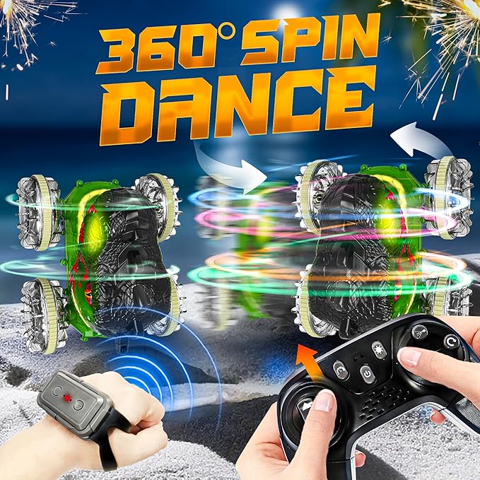 BEZGAR Monster Truck Toys - Dinosaur Toys with LightHand Gesture Sensing RC Cars for Water &amp Land with Water Gun Monster Truck with 360° Spins and Drifting Remote Control Car for Boys 4-7