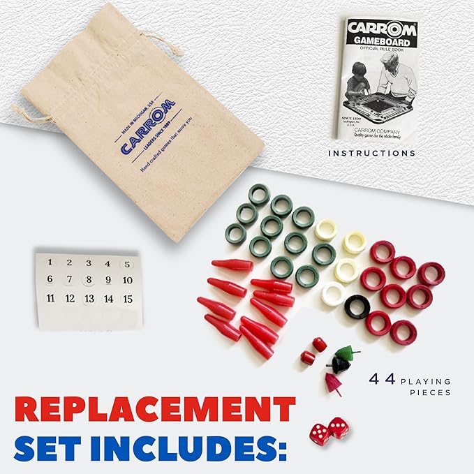 Carrom Board Equipment Set — Includes 44 Playing Pieces Instruction Manual and Carrying Case — Extra Accessories for Board Games for Adults &amp Children — Durable Sports Board Game Accessories