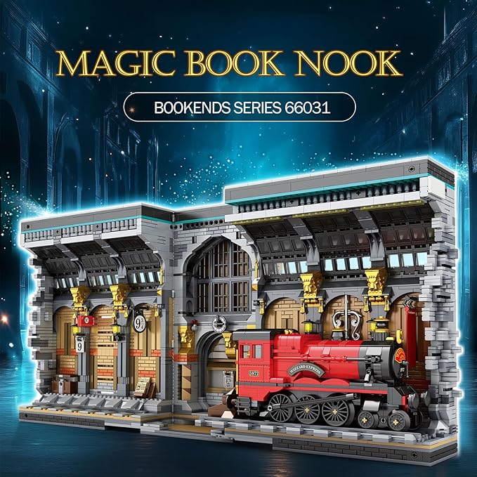 Reobrix Magic Train Booknook Building Set with Lights Creative Bookends Building Kit 66031 Bookshelf Home Decor 2795 PCS Book Nook Model Toy Kit Gift for Teens 14+ and Adults