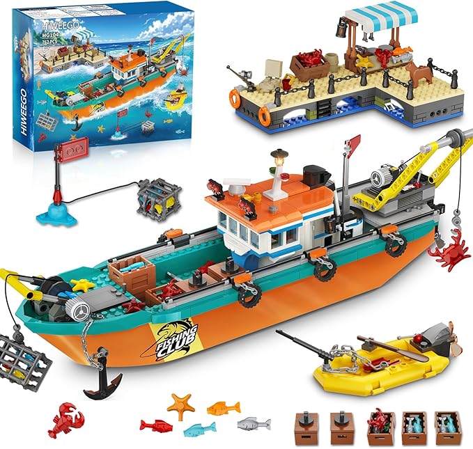 City Fishing Boat Wharf Building Set - Floatable Sea Fishing Ship Building Block Kit with Speedboat Crane Containers Exploration Boats Toy Birthday Gift for Kids Boys Girls 6 7 8 9 10+ 762PCS