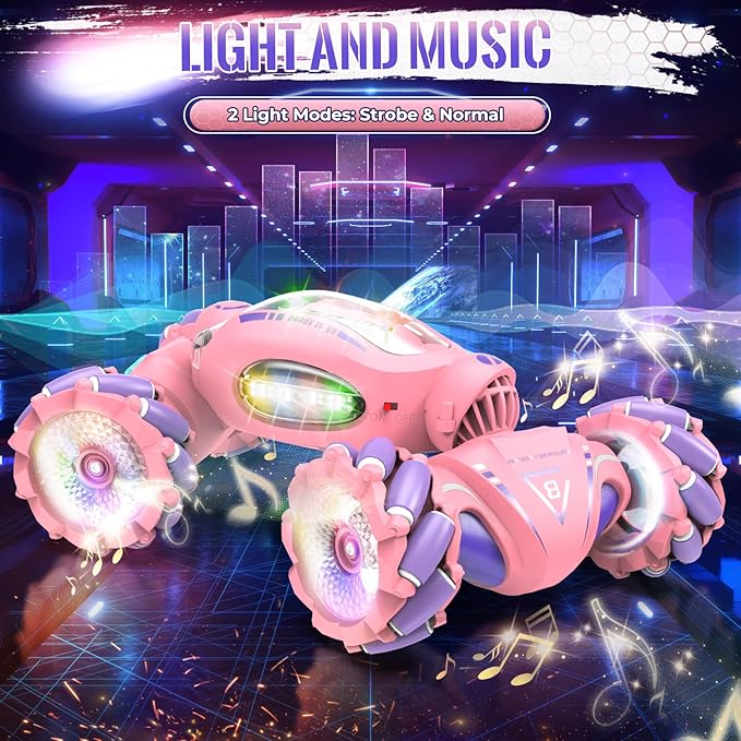 Pink Remote Control Car Toys Gifts for Girls 6-12 with Light &amp Music &amp Spray 2.4Ghz 4WD Double-Sided 360° Rotating Gesture Sensing RC Stunt Car Birthday for Girls Kids