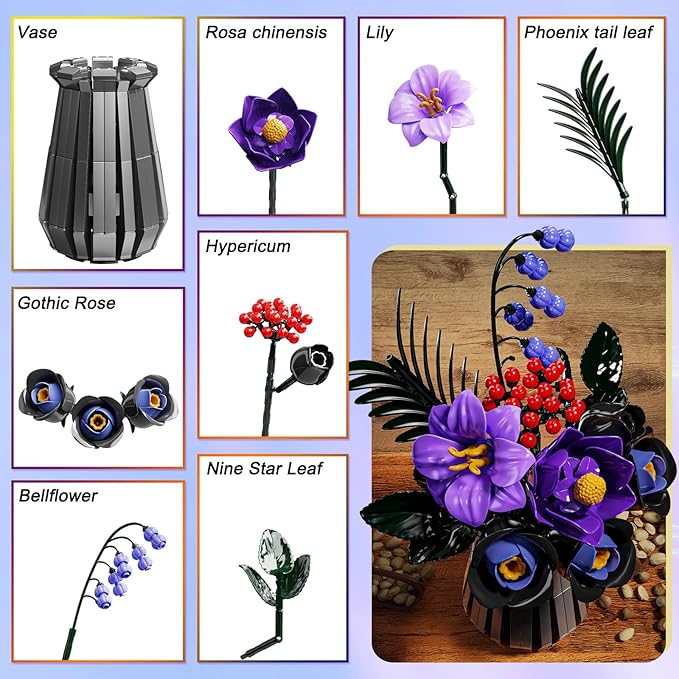 Flowers Bouquet Building Blocks Set with Vase Roses LilyRosaHypericum Bellflower Artificial Plants for Adults Teen GirlsHome&ampOffice Bonsai Decoration