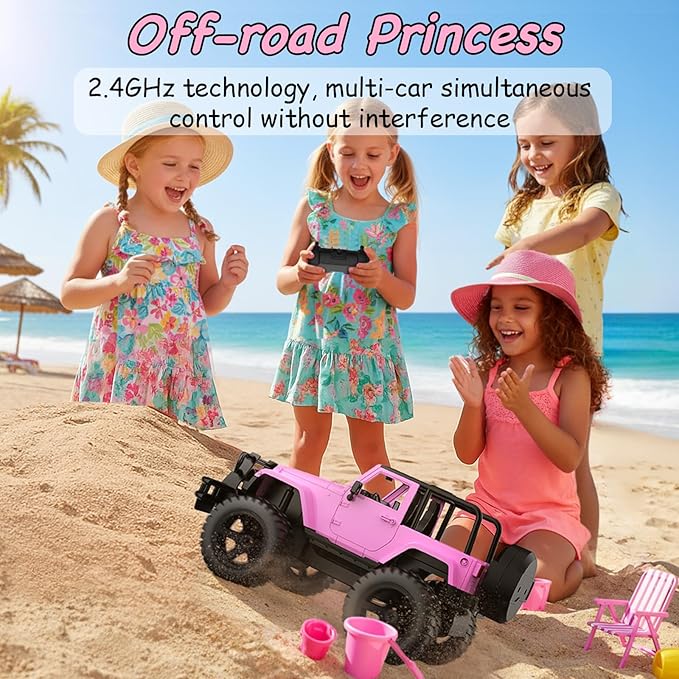 DOUBLE E Jeep Licensed 1:14 Scale Pink Remote Control Car for Girls with 2*DIY Stickers Open-top Design RC Jeep 80Min Play 2.4Ghz Off Road RC Trucks with LED Lights Birthday/Xmas Gifts for Girls 6+