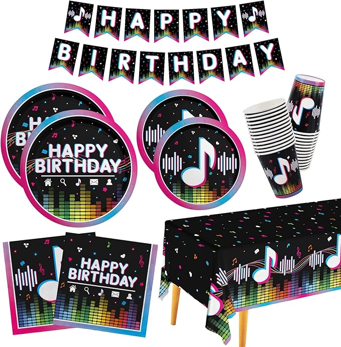 Music Party Supplies Disposable Paper Plates Napkins Cups Tablecloth and Banner for Girls Boys Music Party Birthday Decorations Serve 25.