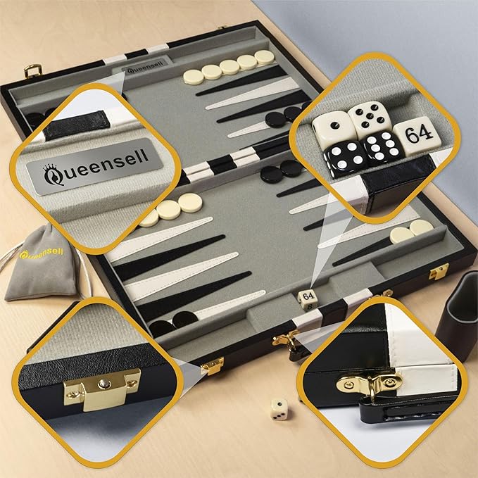 Backgammon Sets for Adults – 15-Inch Black PU Leather Board Game Set – Classic 2-Player Travel Backgammon Set with 32 Playing Pieces Dice and Cups