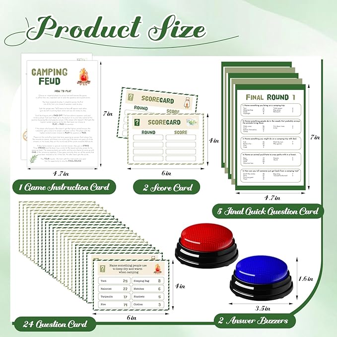 30 Pcs Camping Friendly Feud Game Set Camping Party Game Trivia Quiz with 18 Card 2 Buzzer for Adults Family Games Activities Party Supplies Battery Not Included
