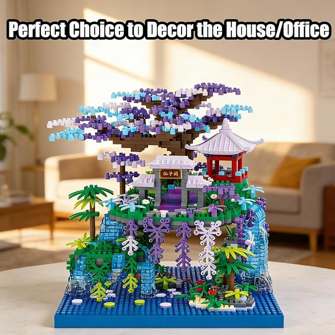 Beego Peach Blossom Pond Architecture Tree House Micro Building Kit Set Japanese Cherry Blossom Architecture Building Blocks Sakura Tree House Valentines Gift for Lover Adults(1746PCS)